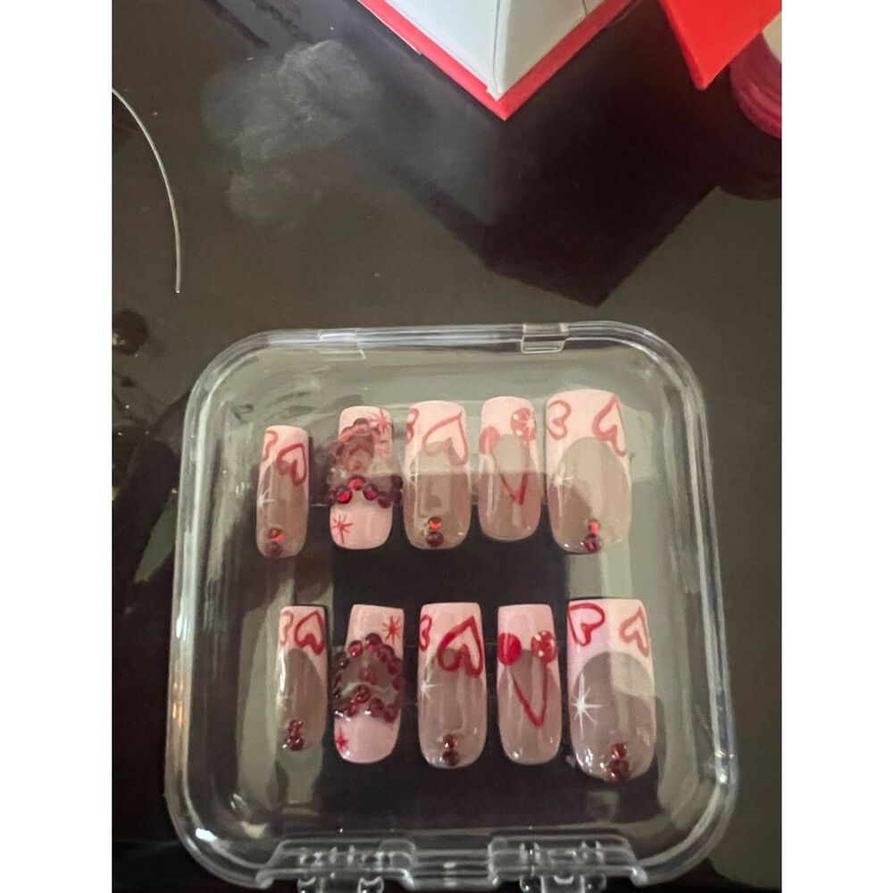 Nude & Pink Press-On Nails with Red Heart Accents